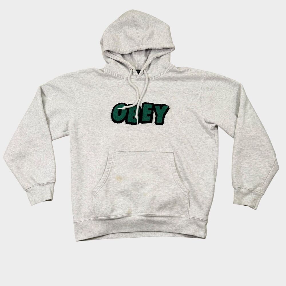 OBEY Worldwide Hoodie Mens Medium Heather Grey Green Chenille Patch Logo